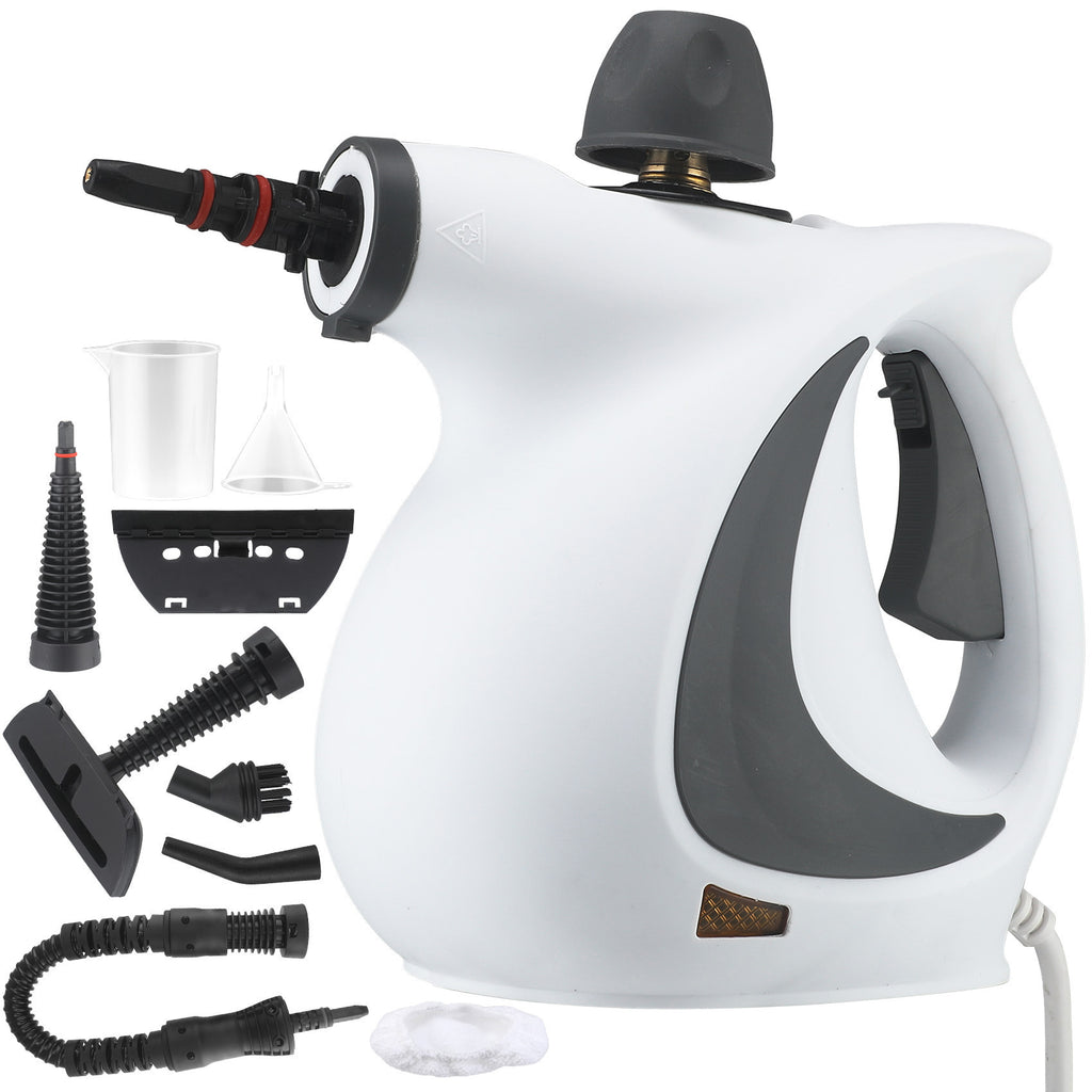 White handheld steamer with black attachments on a white background