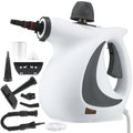 White handheld steamer with black attachments on a white background
