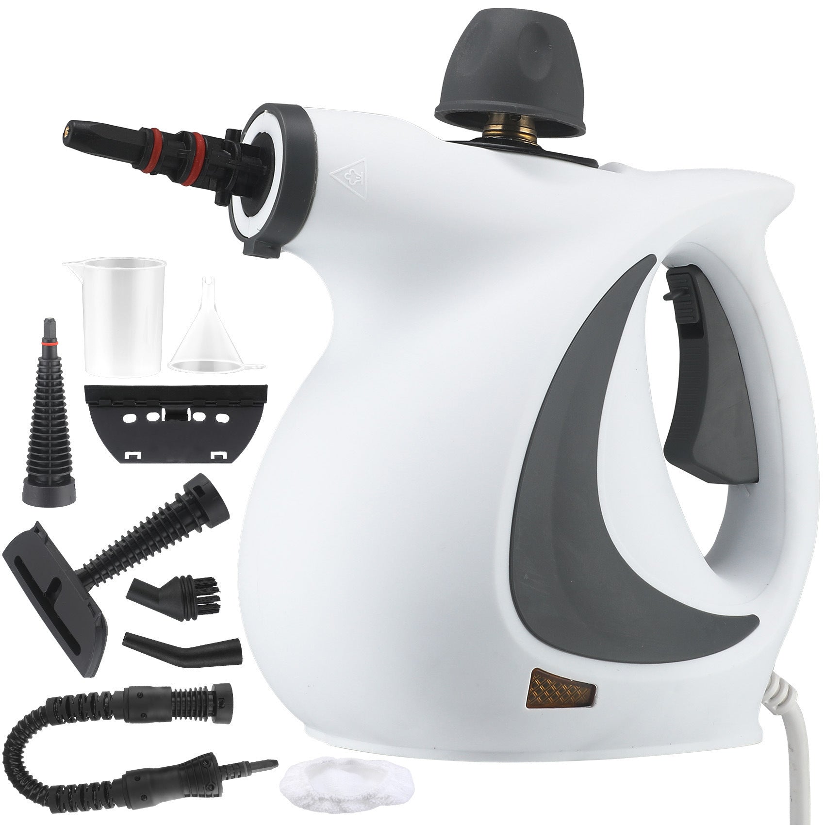 White handheld steamer with black attachments on a white background