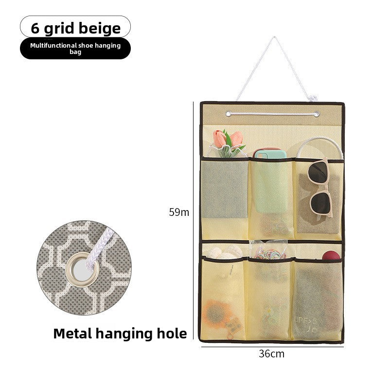 Multifunctional shoe hanging bag with 6 grid beige color, metal hanging hole, and dimensions.