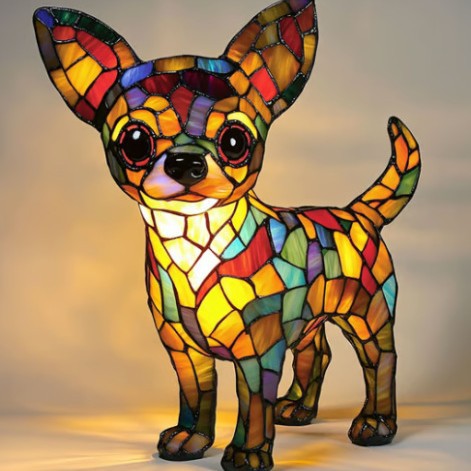 Colorful stained glass dog sculpture on a neutral background