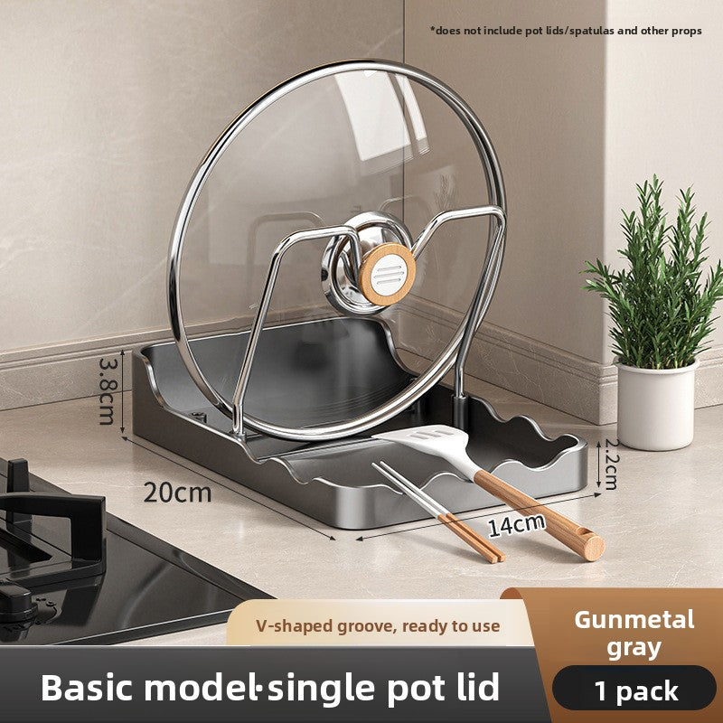 Pot lid organizer with measurements on a kitchen counter