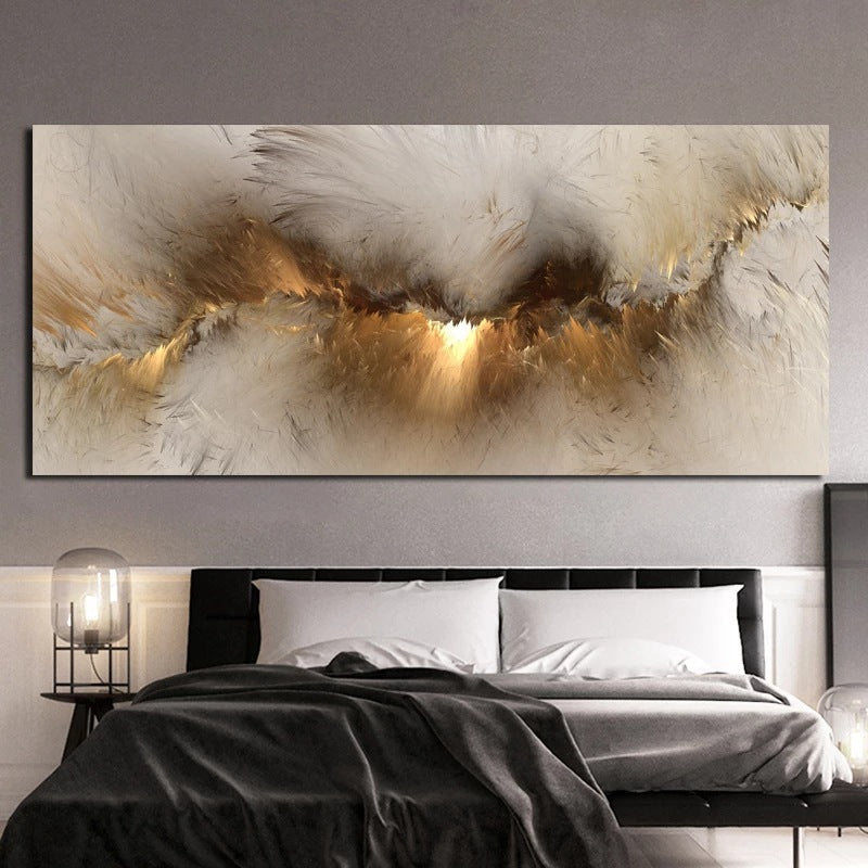 Abstract painting above a bed in a bedroom setting