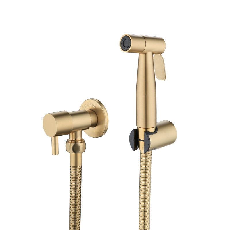 Gold bidet spray head and control handle set on a white background