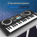 37-key electronic keyboard with digital display on a blue background
