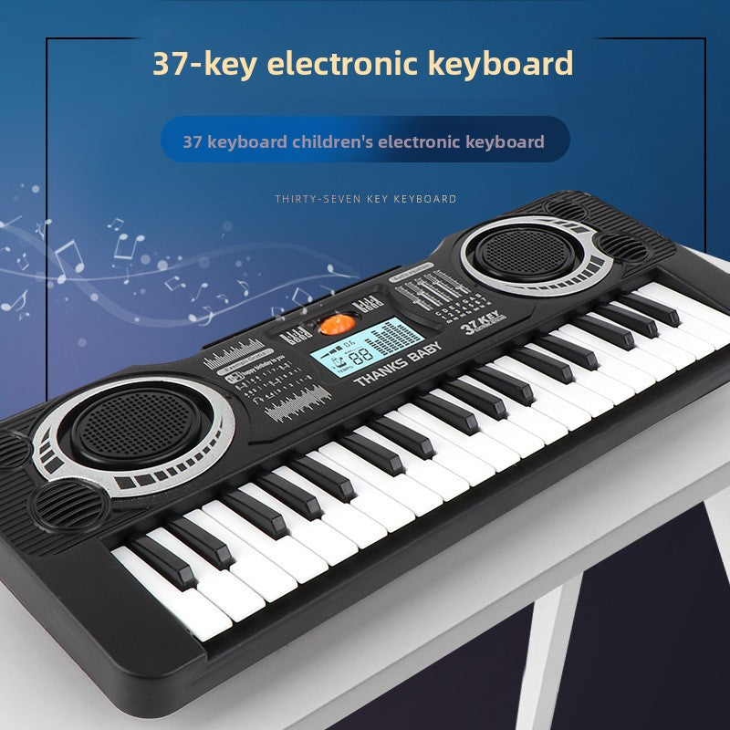 37-key electronic keyboard with digital display on a blue background