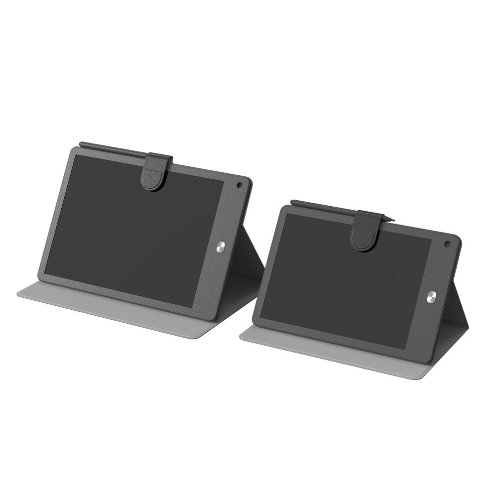 Two black tablet stands on a white background