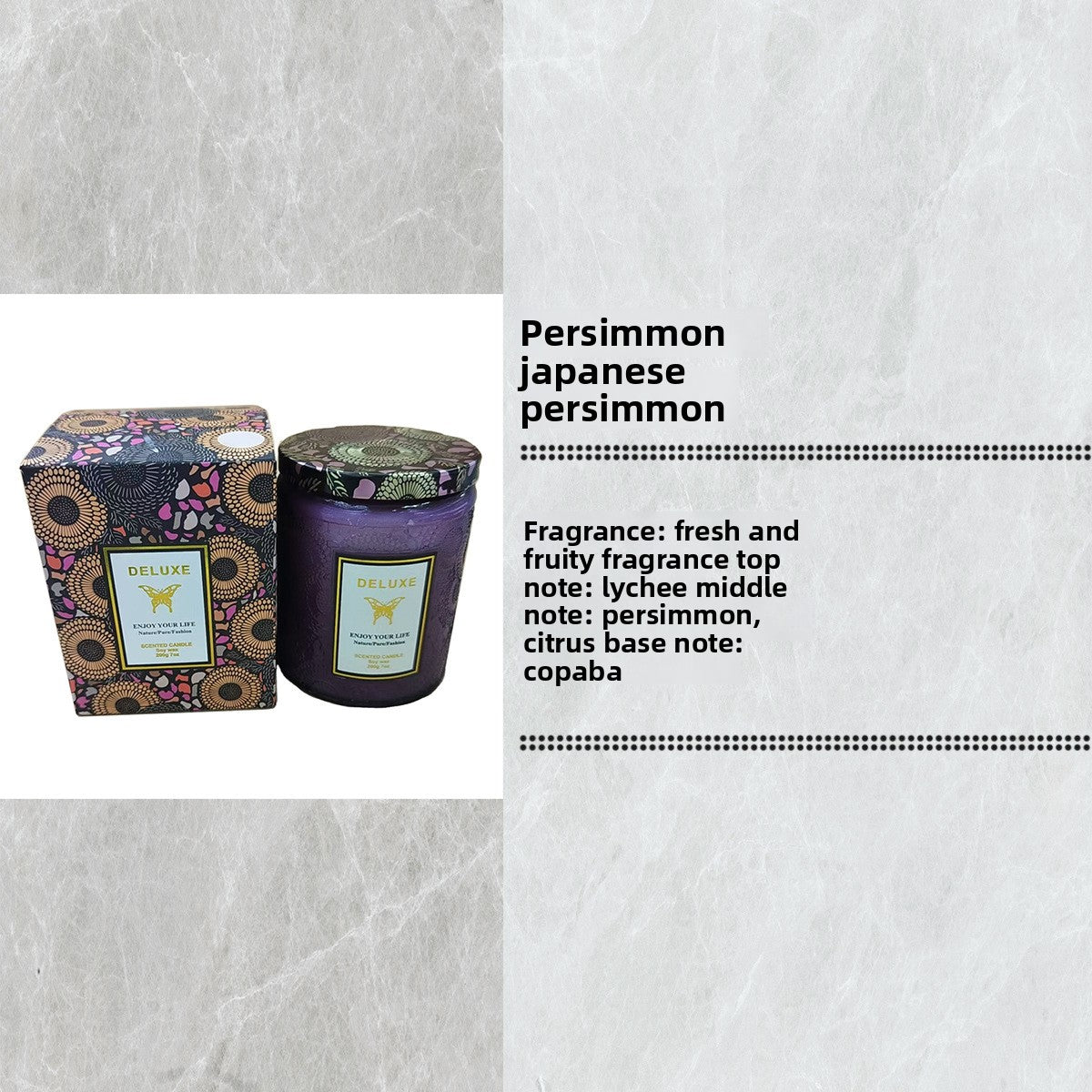 Candle with decorative packaging on a textured white background