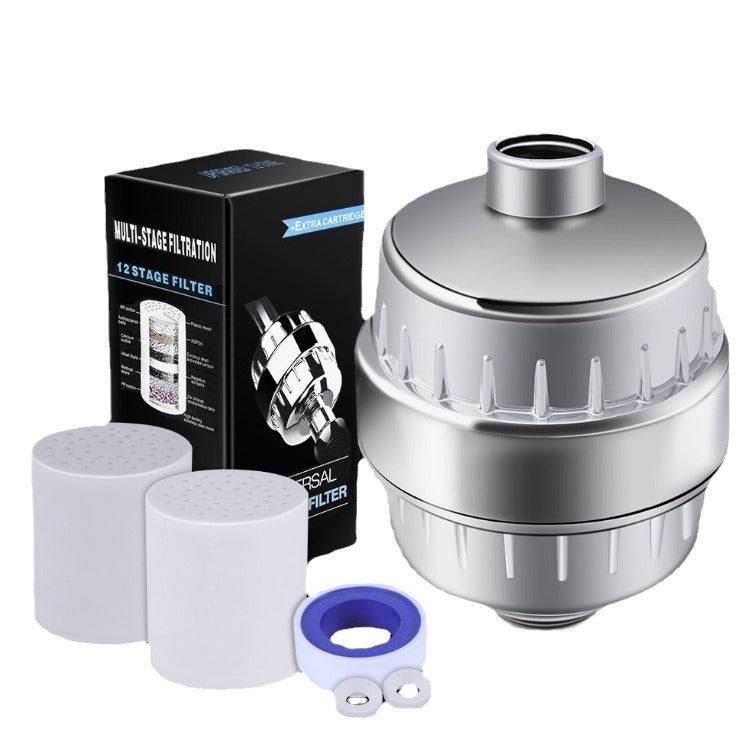 Shower filter with packaging and additional filters on a white background