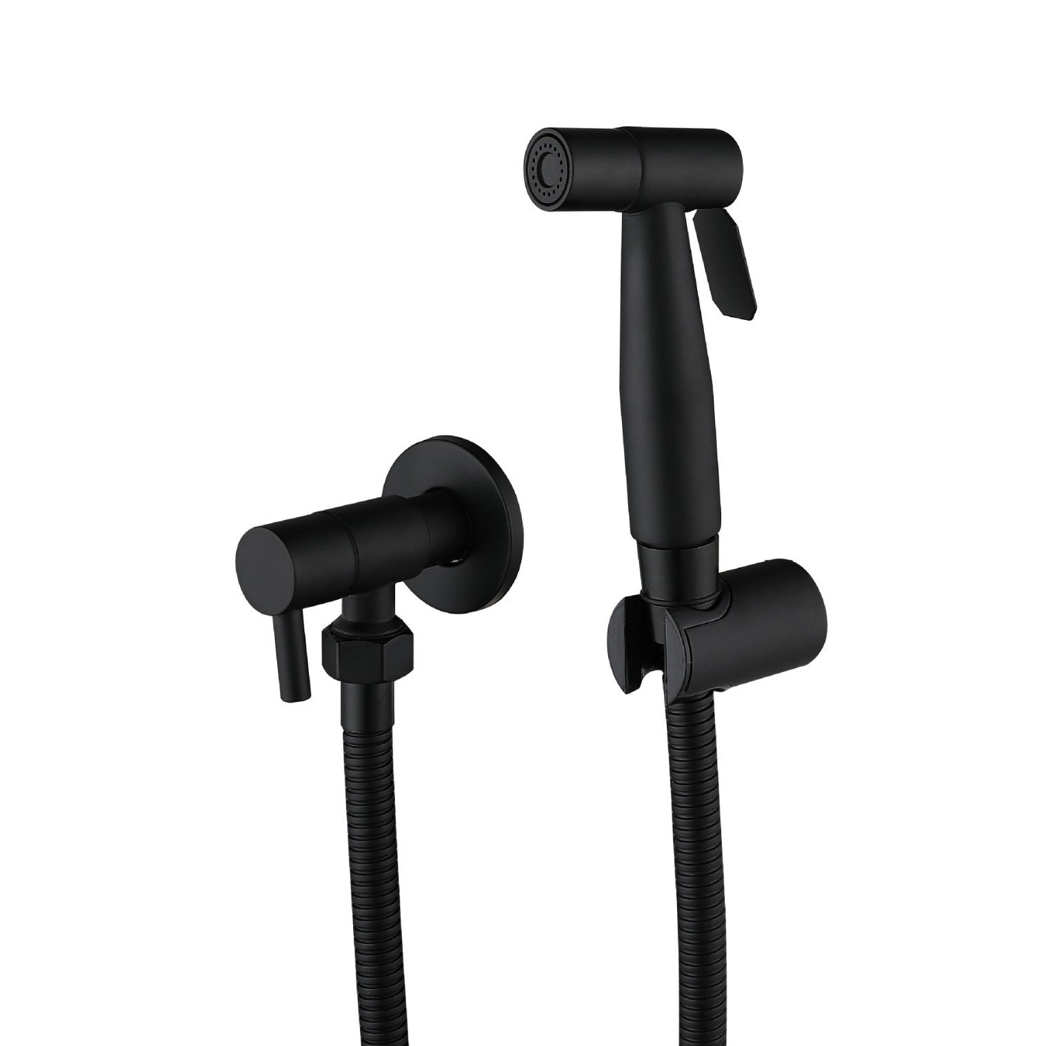 Black bidet spray head and hose on a white background