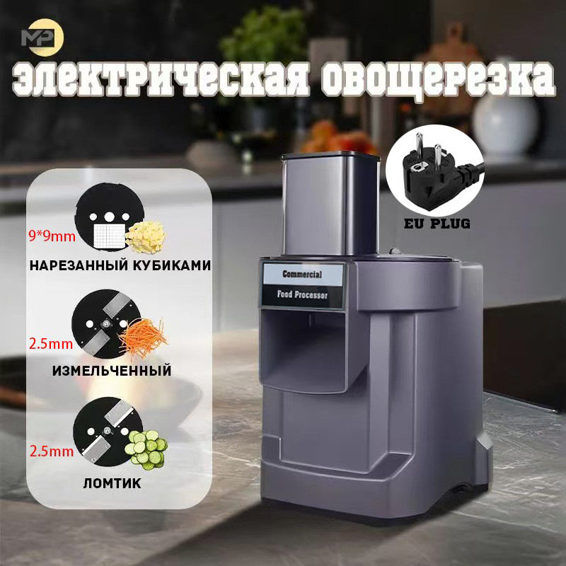 Commercial food processor with interchangeable blades and EU plug on a kitchen counter.