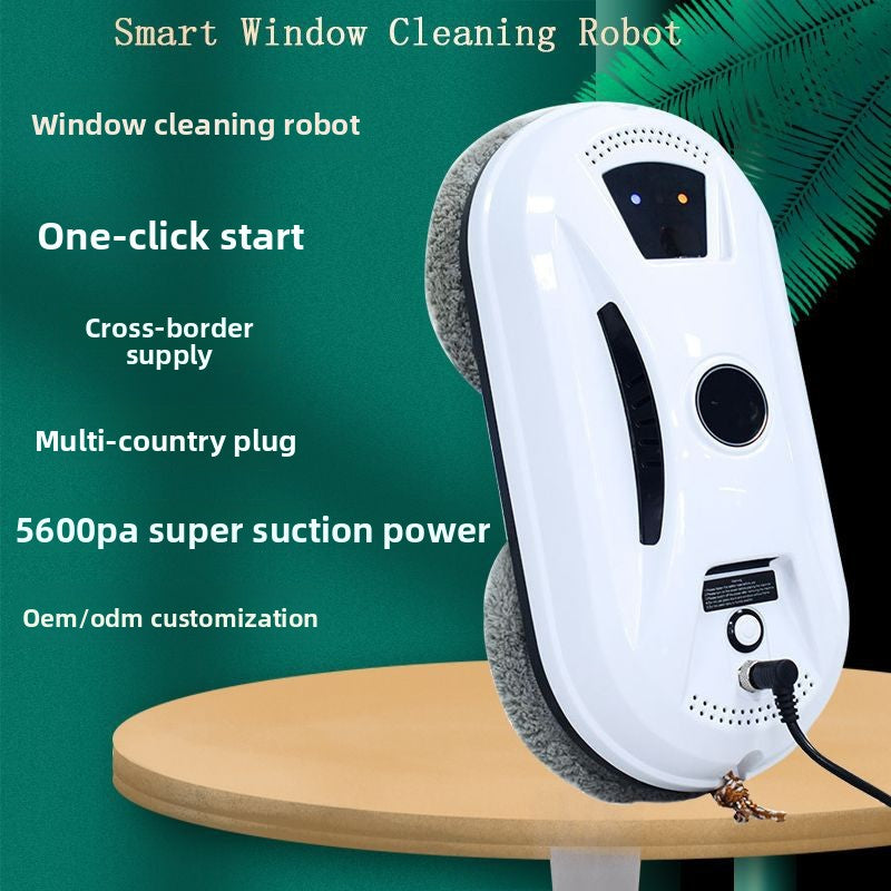 Window cleaning robot with text on a green background