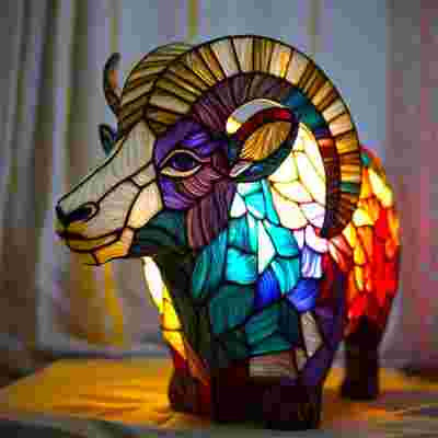 Colorful stained glass lamp shaped like a ram on a wooden surface with a blurred background