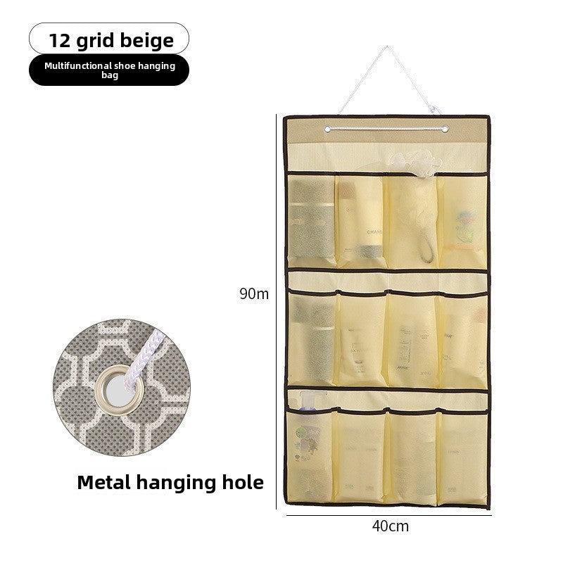 Beige shoe hanging bag with 12 grid compartments, metal hanging hole, and dimensions on a white background.