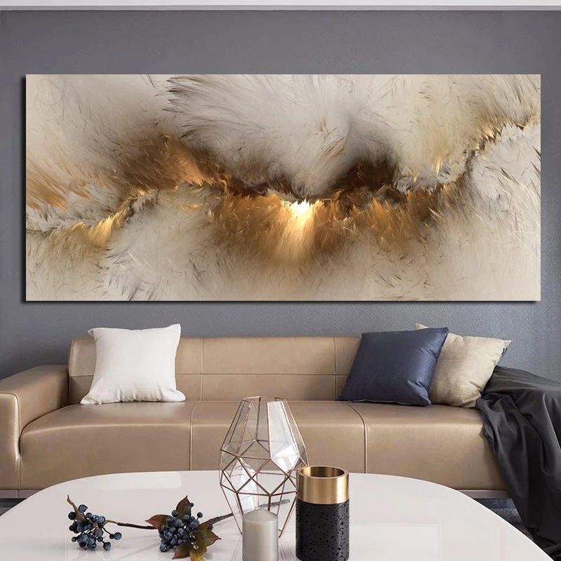 Abstract painting on a wall above a beige sofa with decorative pillows in a living room setting.