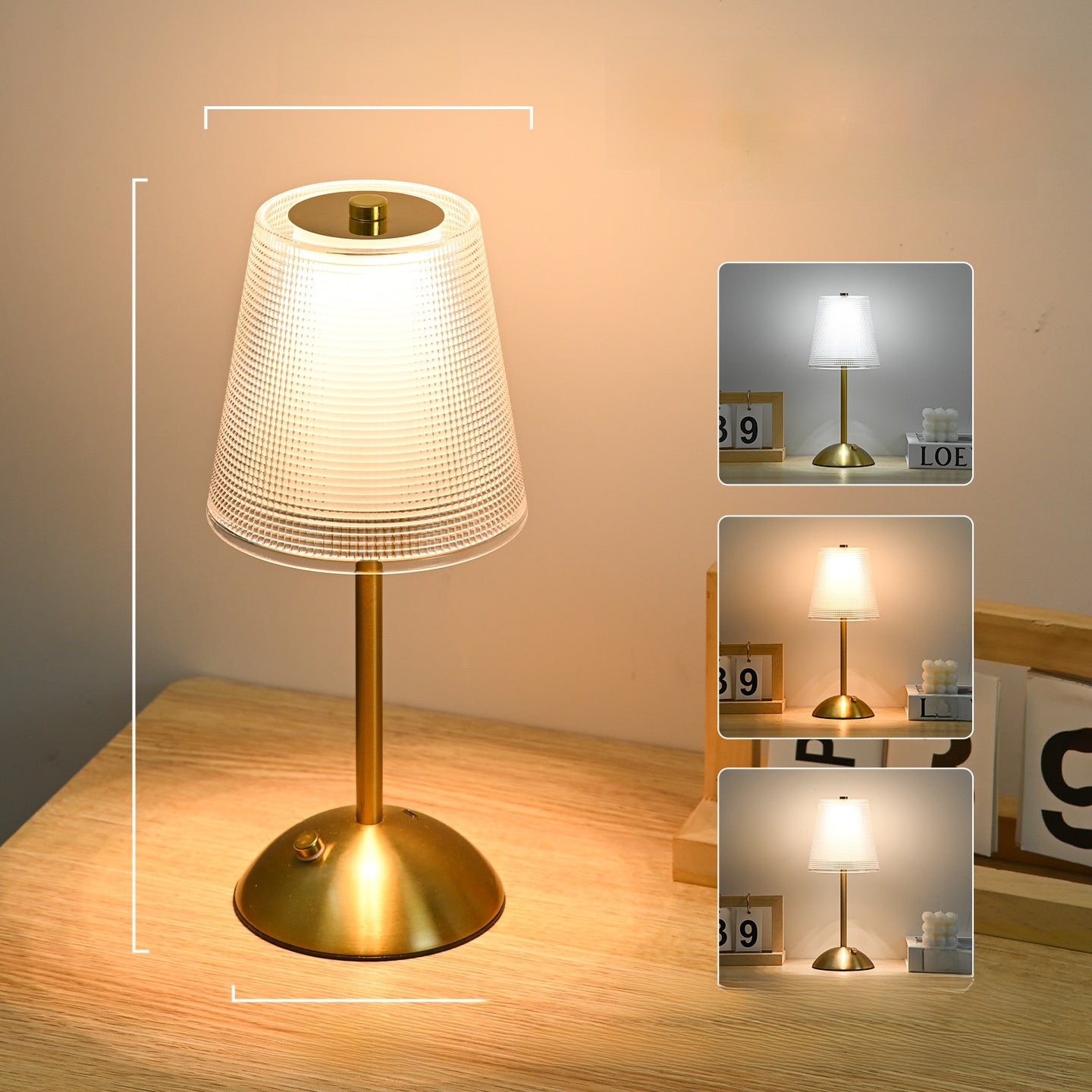 Table lamp with gold base and white shade on a wooden surface, with inset images showing its use in different settings.