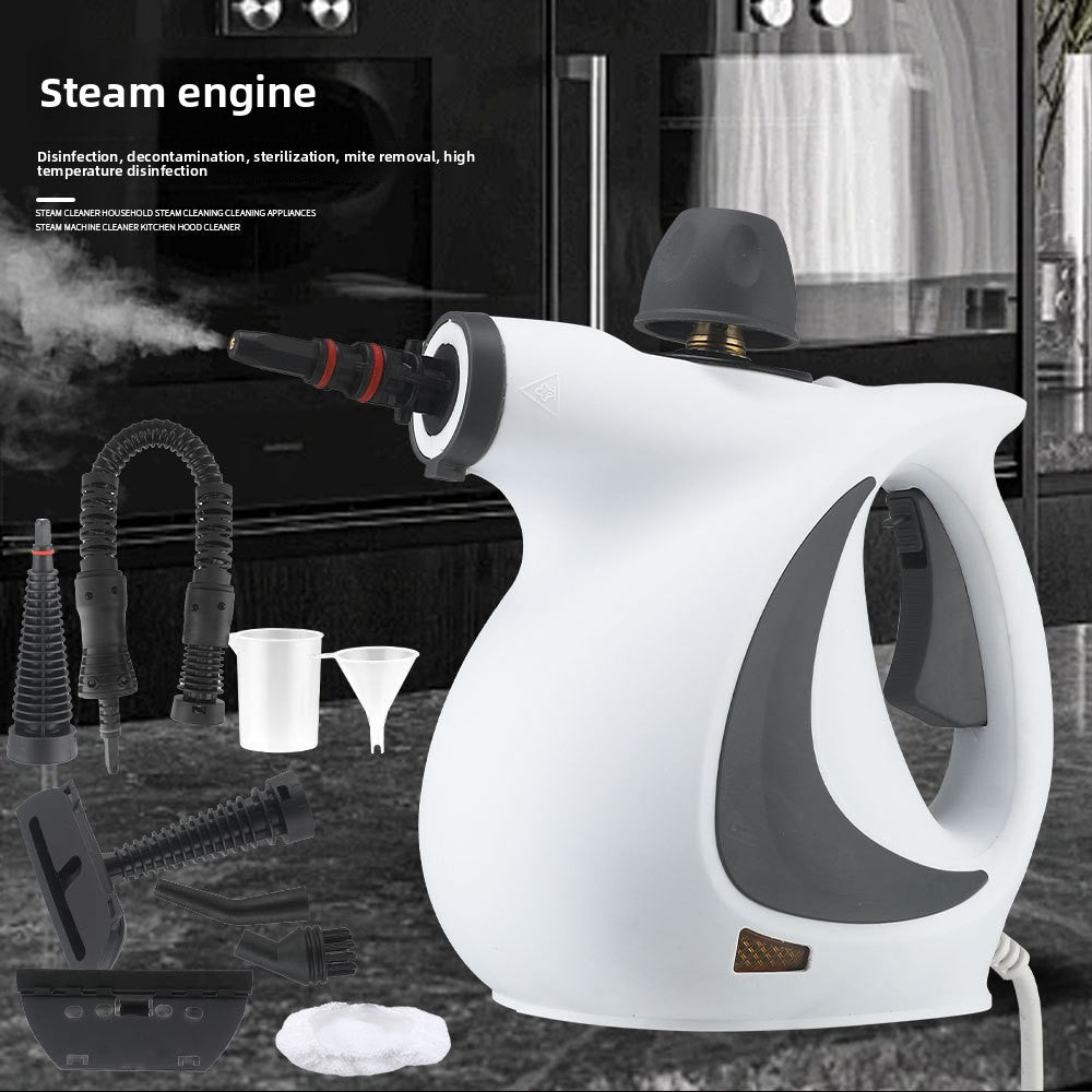 White handheld steam cleaner with attachments on a kitchen counter