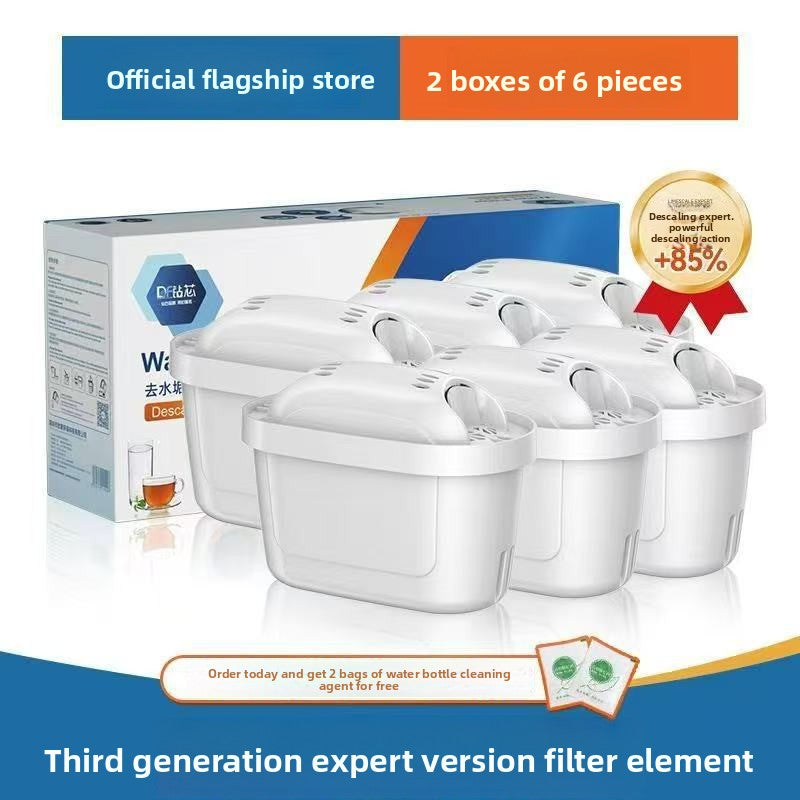 Packaging of water filter elements with promotional text on a white background