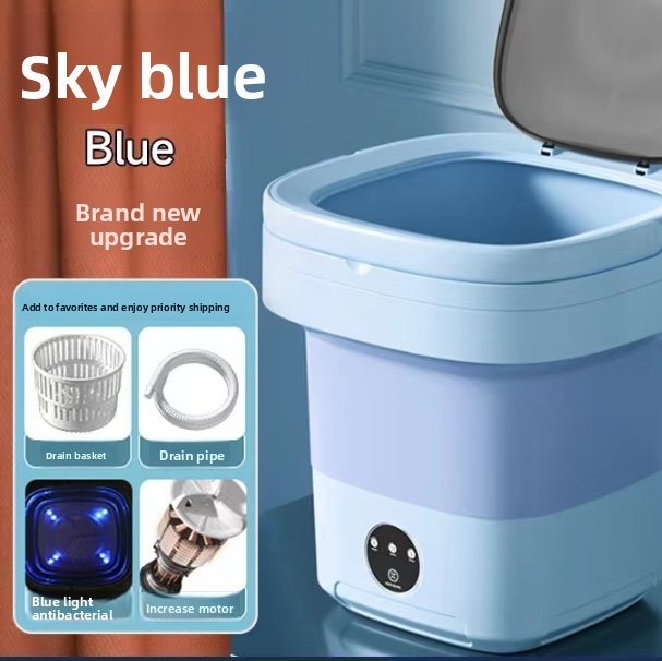 Blue portable washing machine with features highlighted on a red curtain background