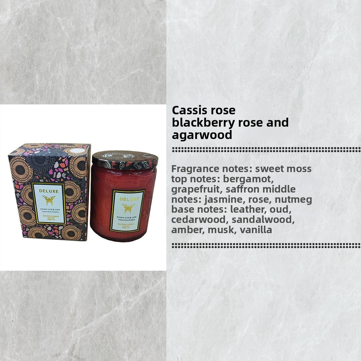 Candle with packaging and fragrance notes on a textured gray background