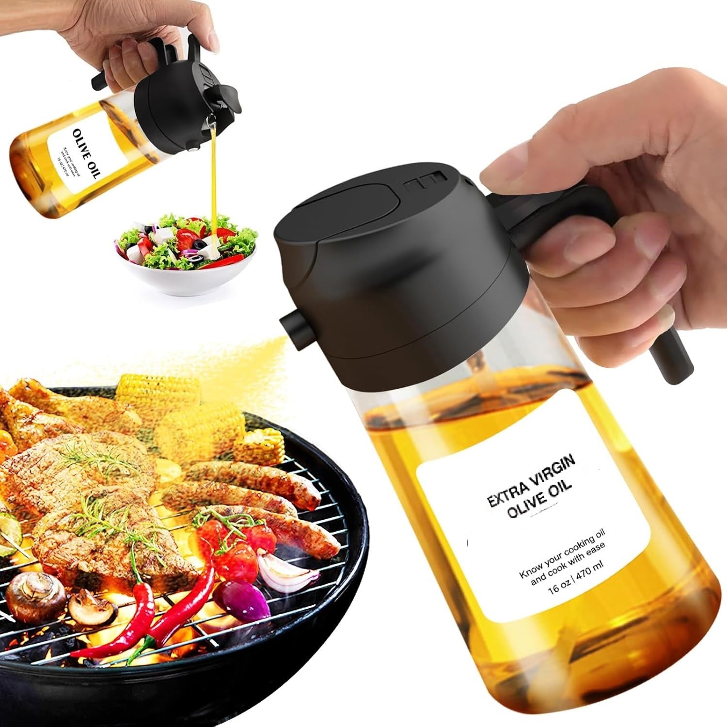 Bottle of extra virgin olive oil being poured over food and salad, with a close-up of the bottle.