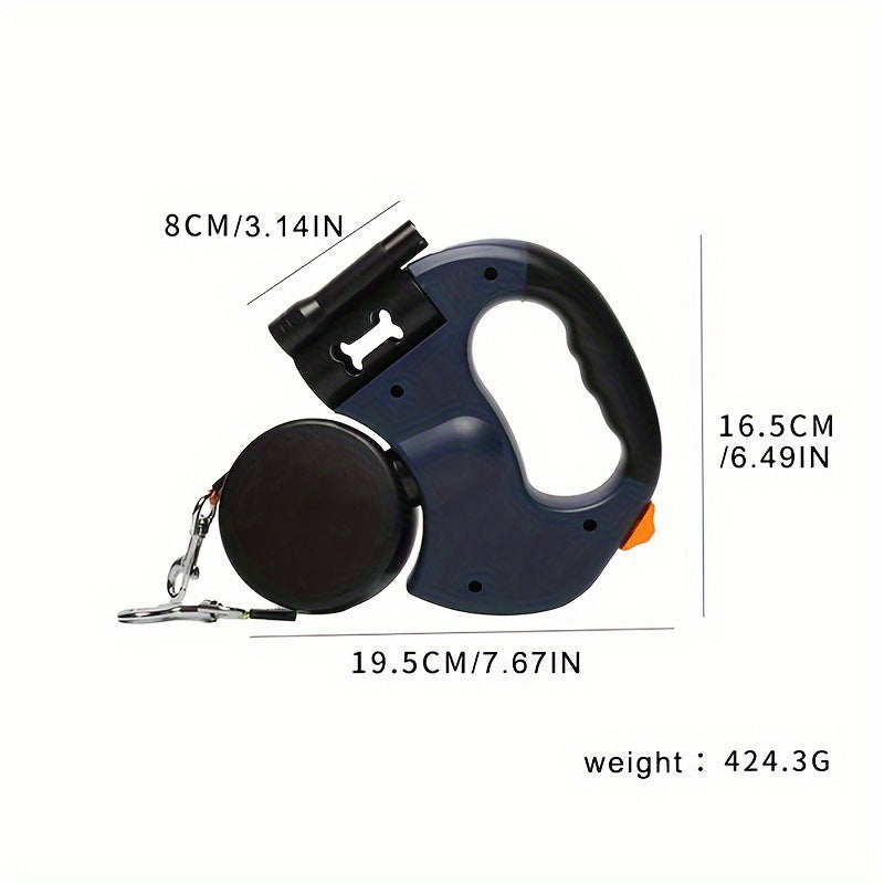 Retractable dog leash with measurements and weight displayed on a white background