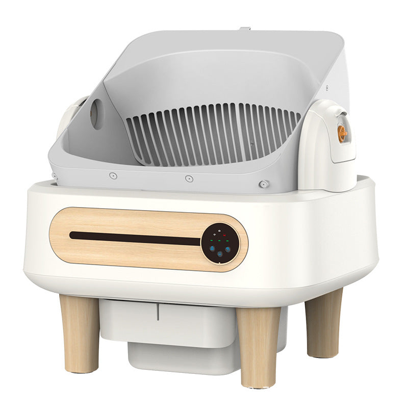 White pet litter box with wooden legs on a white background
