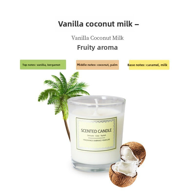 Vanilla coconut milk scented candle with a palm tree and coconut on a white background