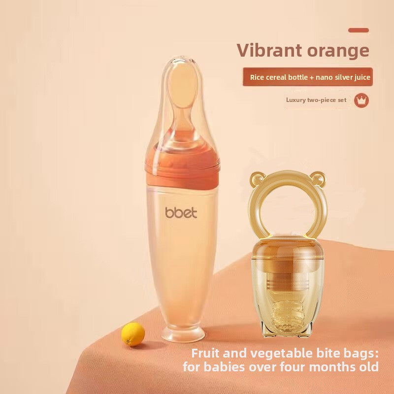Baby bottle and fruit/vegetable bag set on a beige background with 'Vibrant orange' text.