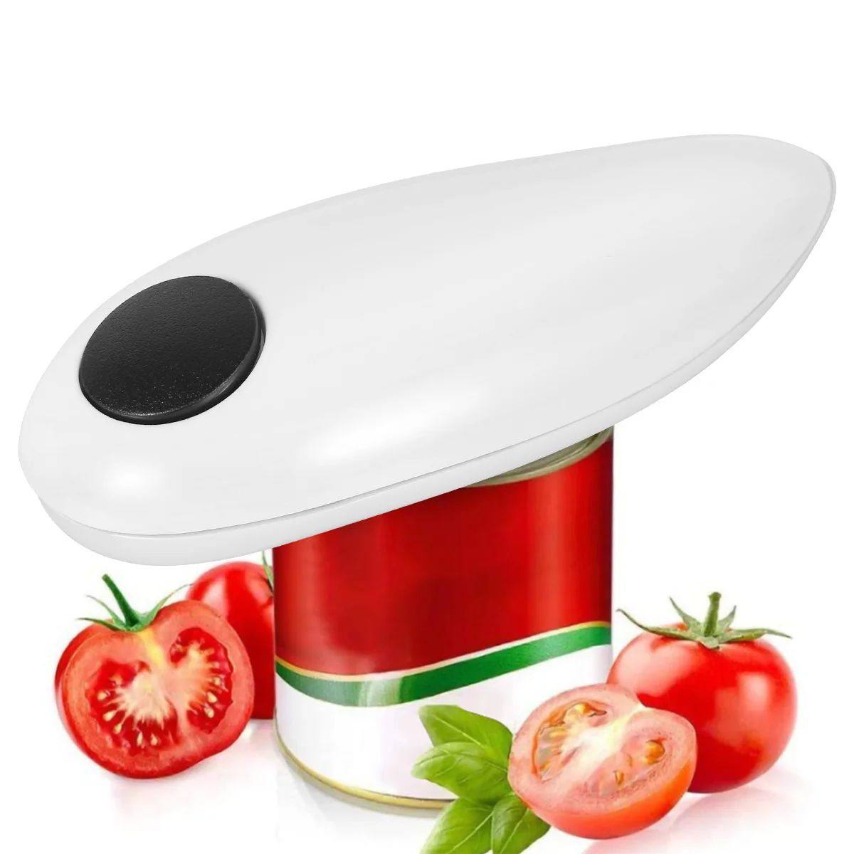 Can opener with tomatoes and a can on a white background