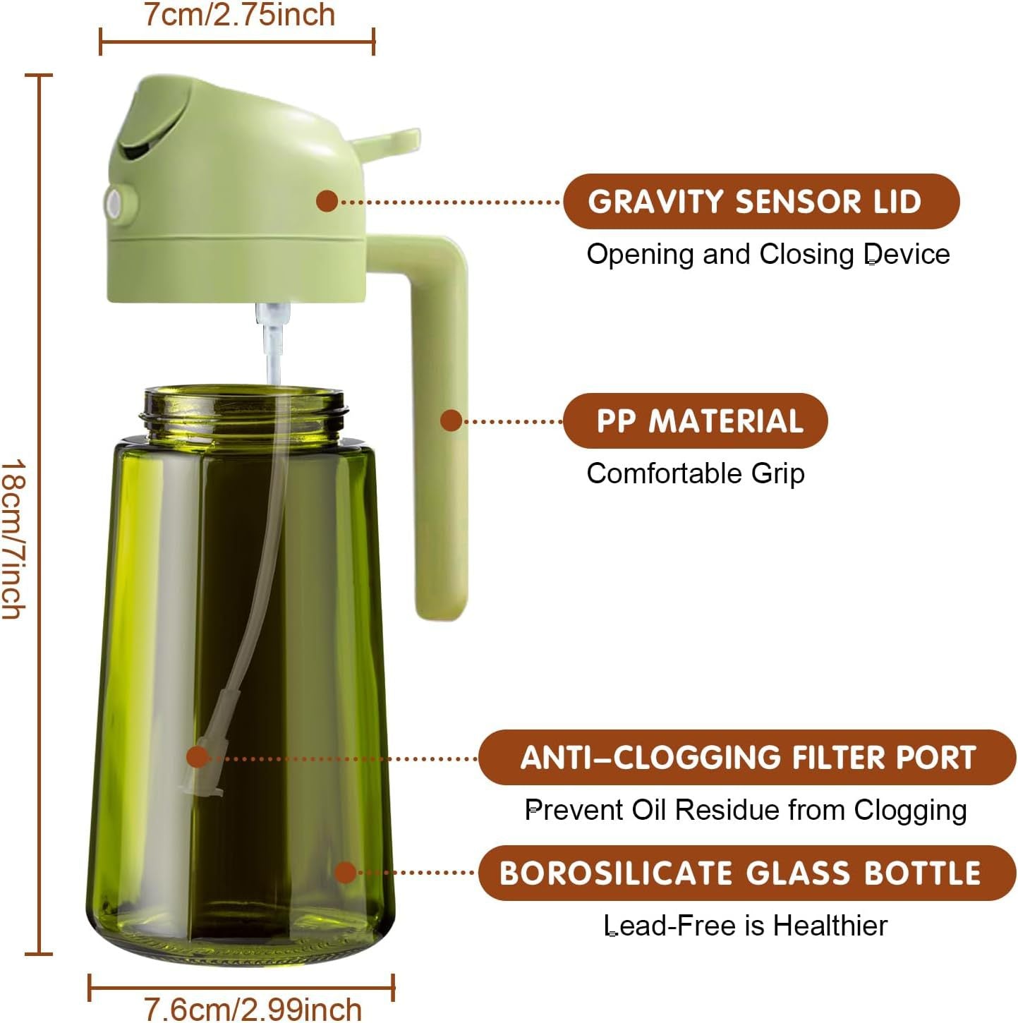 Green oil sprayer with labeled features and dimensions