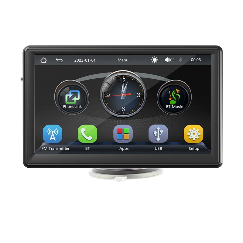 Car multimedia display with various icons on a white background