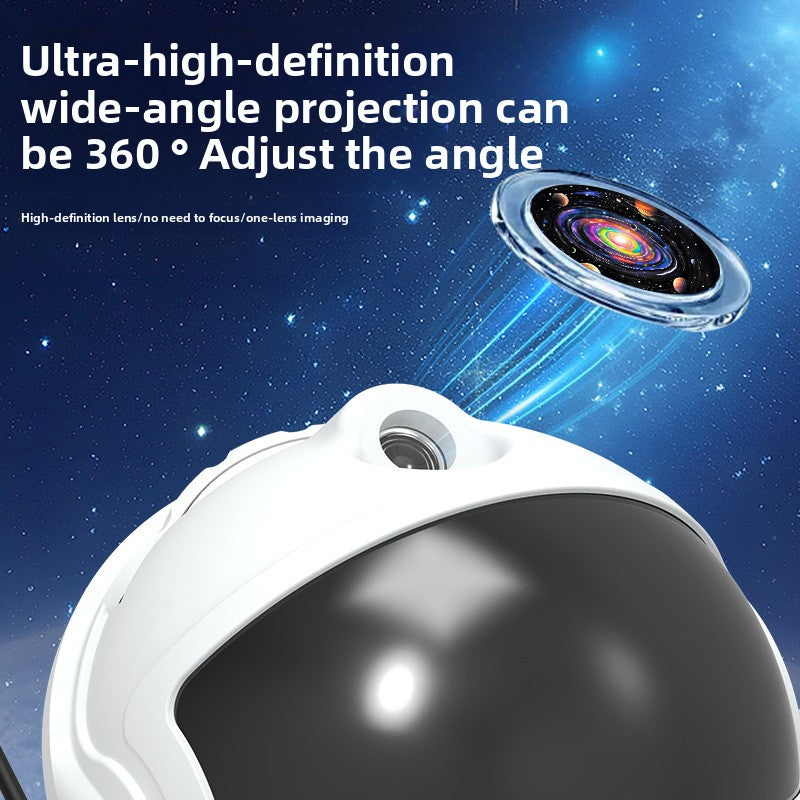 White camera with text about ultra-high-definition wide-angle projection on a space-themed background