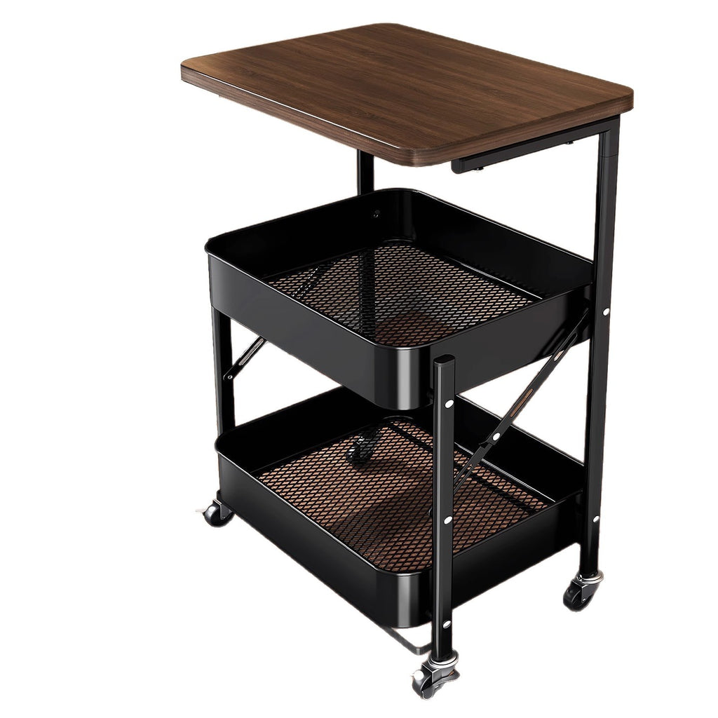 Black metal cart with a wooden top on a white background