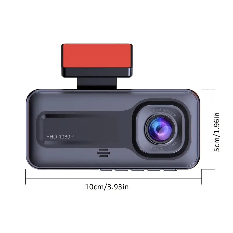 Car dashboard camera with dimensions indicated on a white background