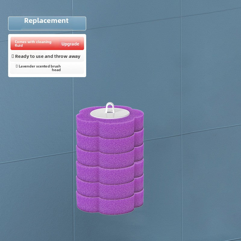 Purple replacement pool noodle with cleaning fluid upgrade label on a blue tiled background