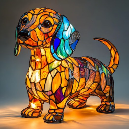 Colorful stained glass dachshund lamp on a dark background