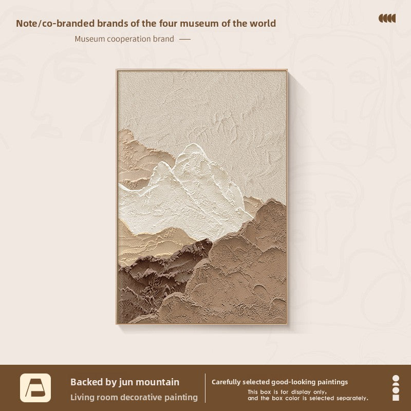 Textured wall art with mountain design on a beige background
