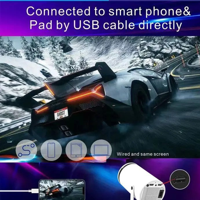 Car on a snowy road with text about USB connection to smartphone and tablet, and a diagram of wired connection for the projector.