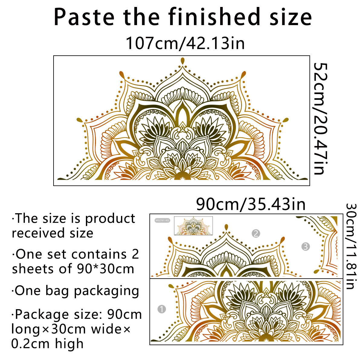 Decorative wall decal with gold and white mandala design, including size measurements and packaging details.