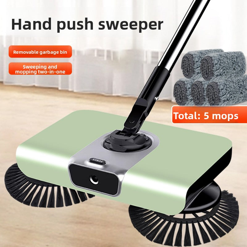 Hand push sweeper with removable garbage bin on a wooden floor background