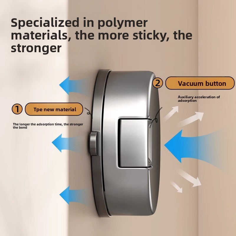 Door handle with text about polymer materials and a vacuum button on a beige background