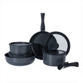Set of black speckled cookware including pots, pans, and lids on a white background