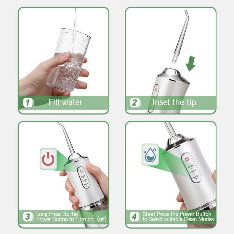 Step-by-step guide on how to use a water flosser with labeled actions.