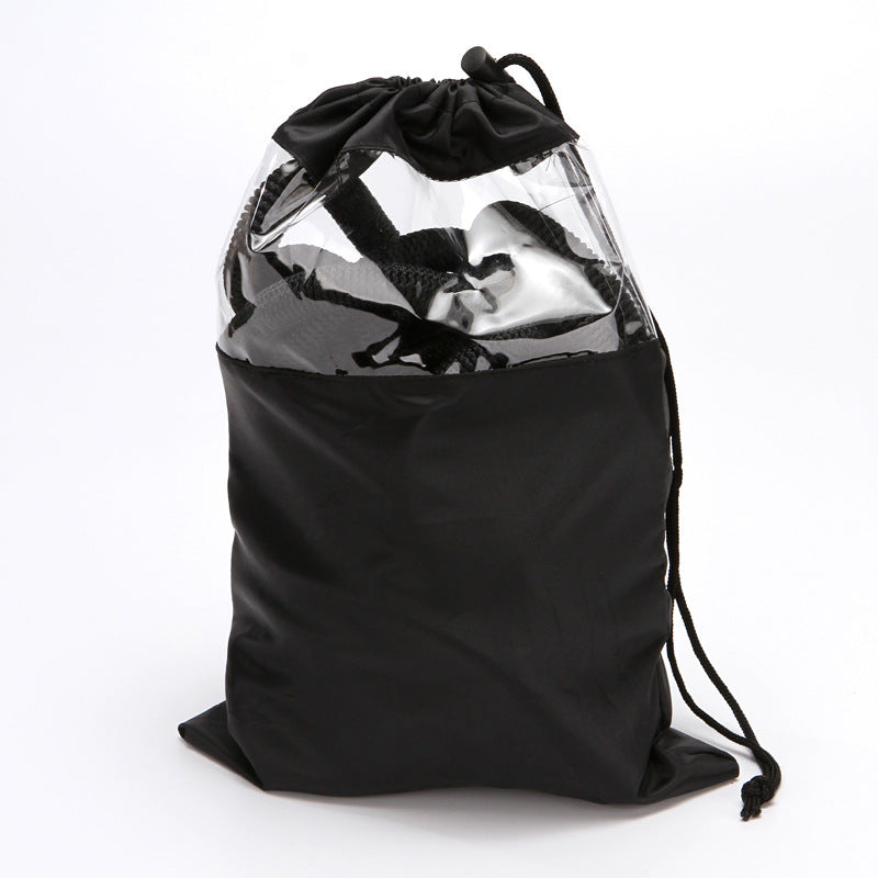 Black drawstring bag with clear plastic window on a white background