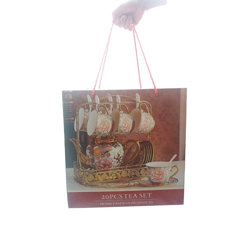 Cardboard bag with a tea set design and '20 pcs Tea Set' text on a white background.