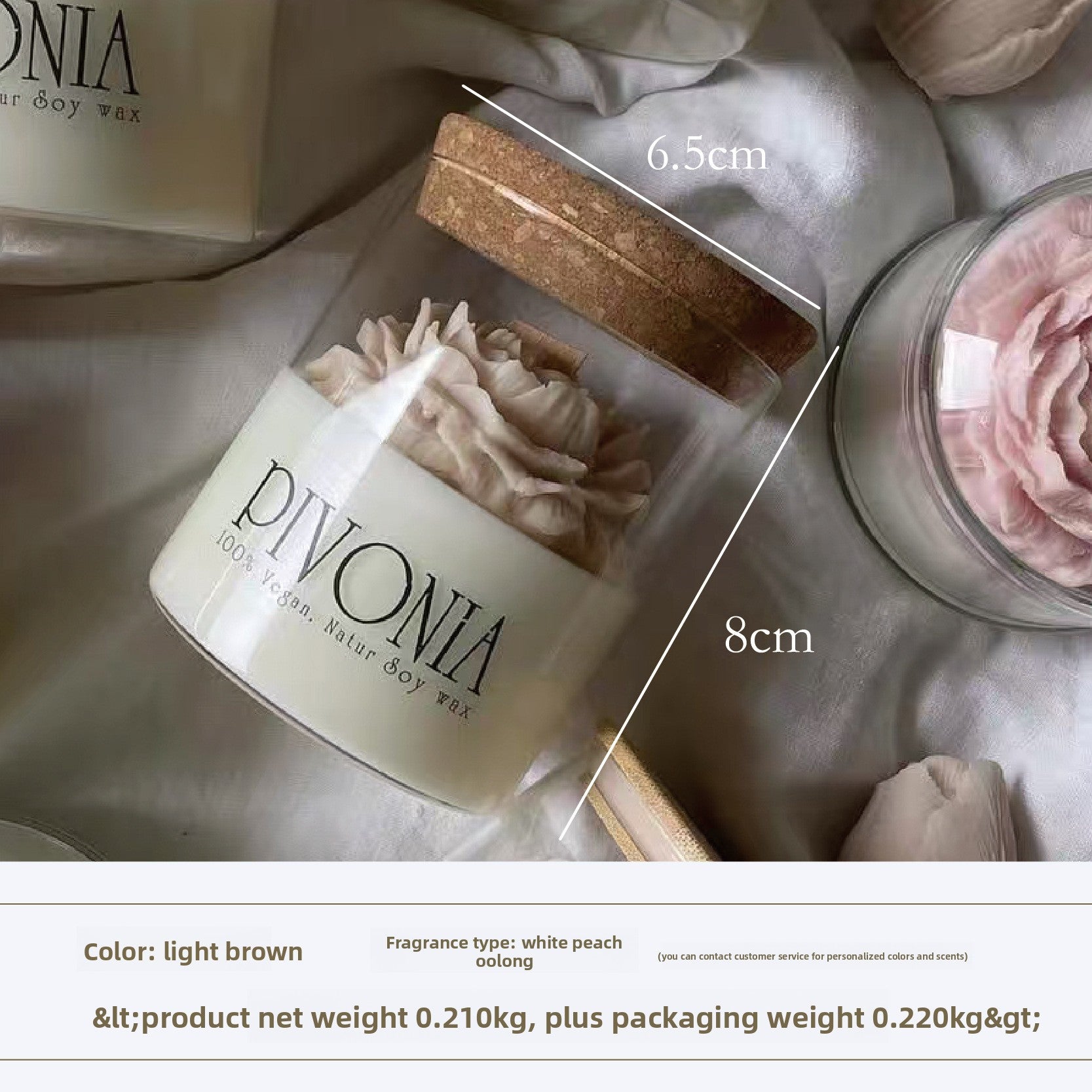 DIVONIA candle with dimensions and product details on a neutral background