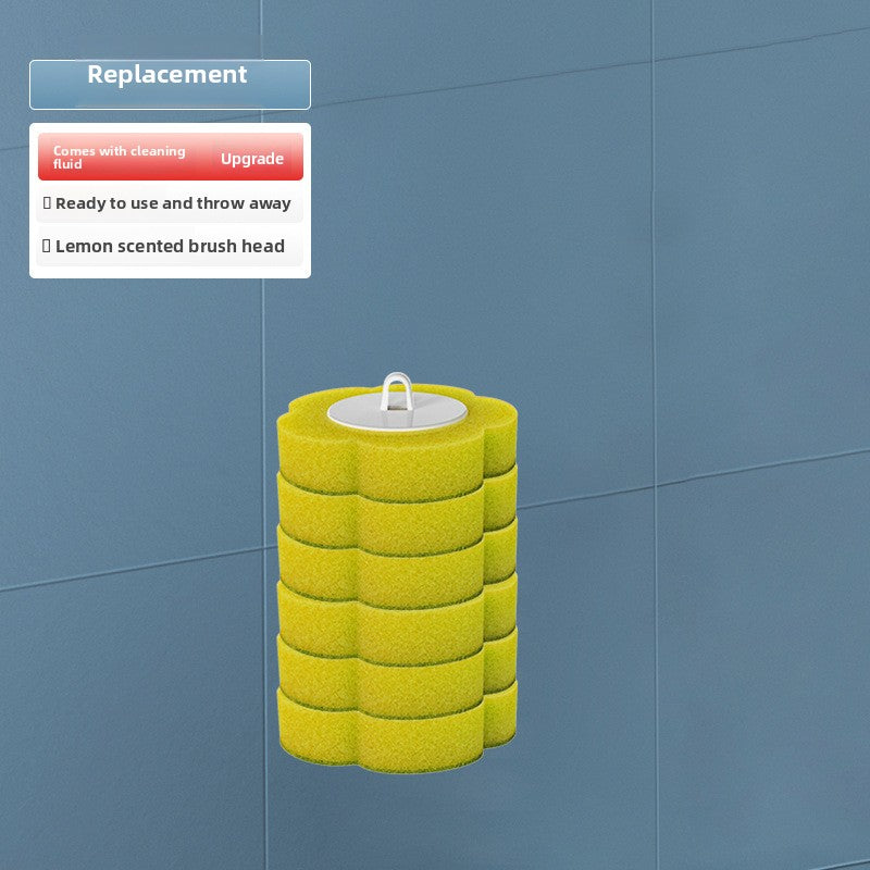 Yellow replacement brush head with cleaning fluid on a blue background