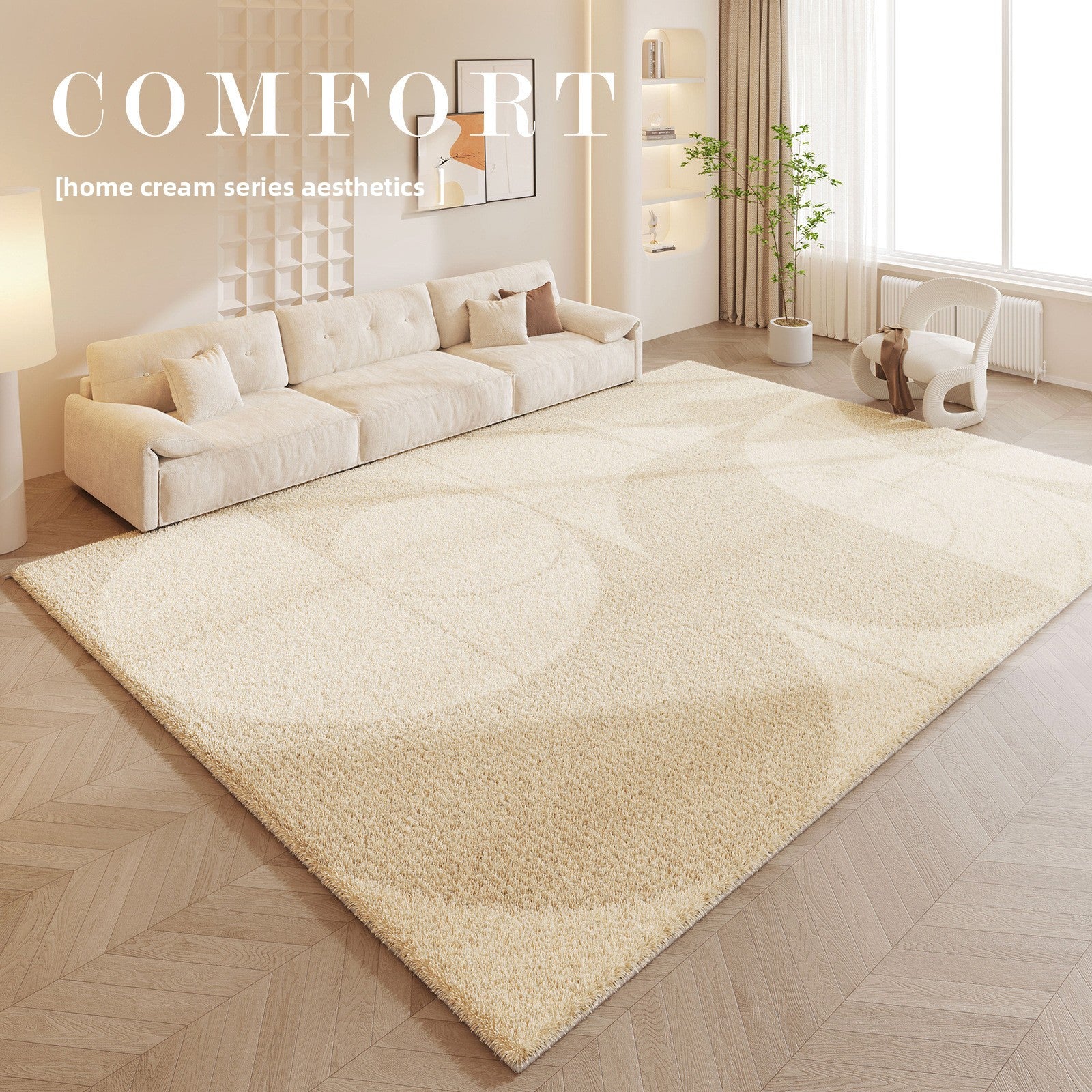 Beige rug in a living room with 'COMFORT' text and 'home cream series aesthetics' label.