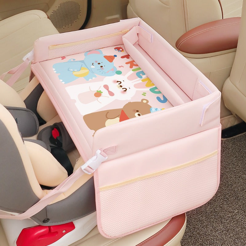 Pink baby playpen with colorful design inside a car seat